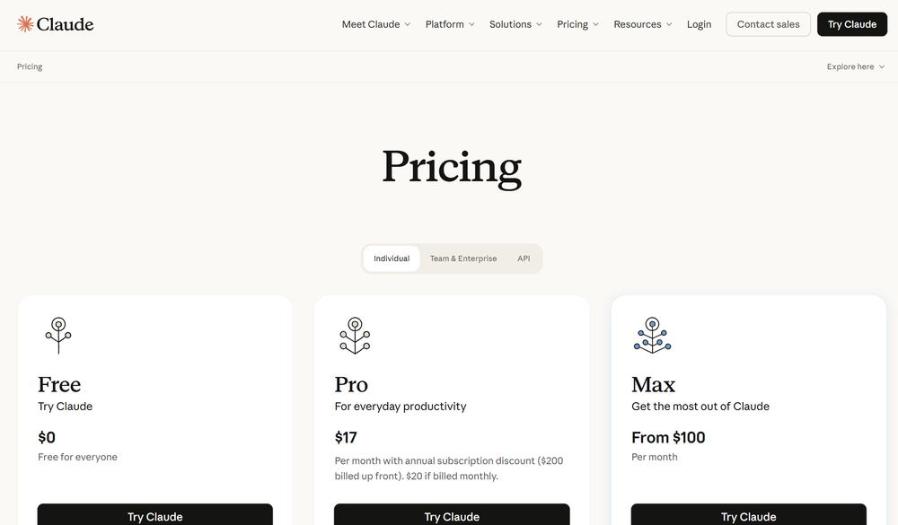 The Claude pricing page, choose Pro