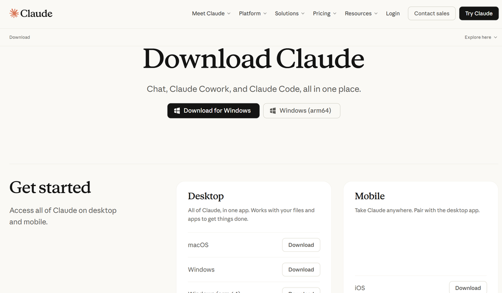 The Claude download page, get the desktop app